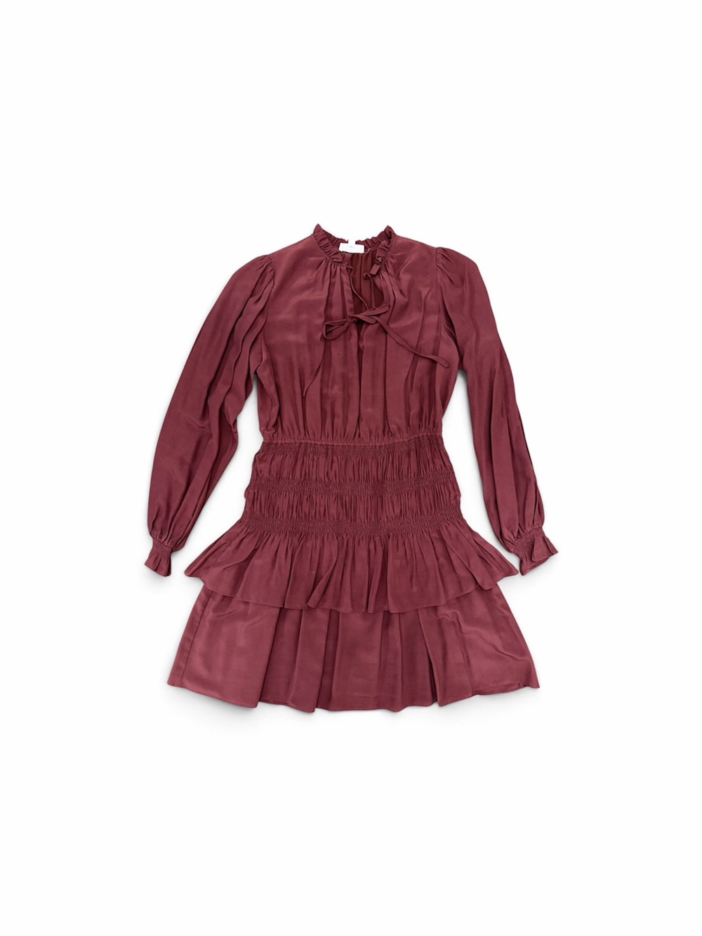 A loves A Maroon Long Sleeve Smocked Waist Ruffle Mini Dress - Size Medium